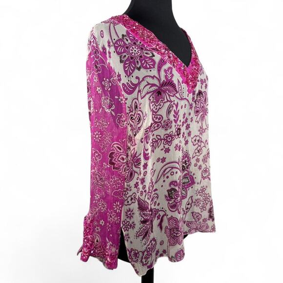 Vintage Silkland Tunic Top 1X 100% Silk Y2K Beaded Boho Tunic Pink Floral Sheer - Picture 3 of 8